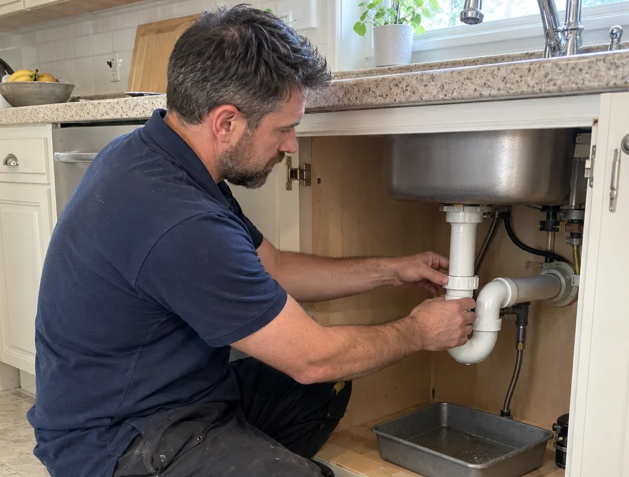 Emergency plumber repairing a kitchen sink drain in Burlington