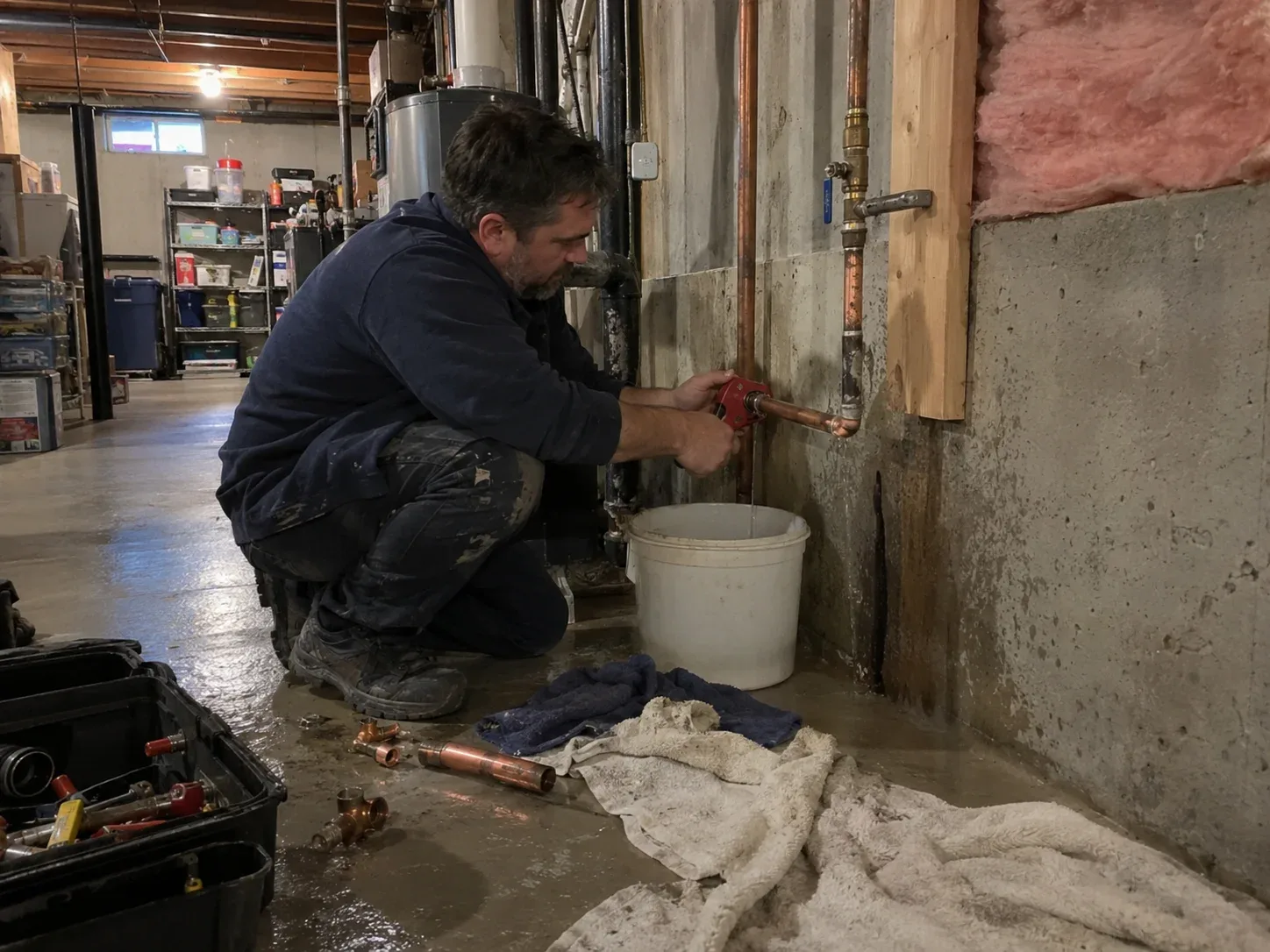 Plumber doing burst pipe repair in a Burlington basement
