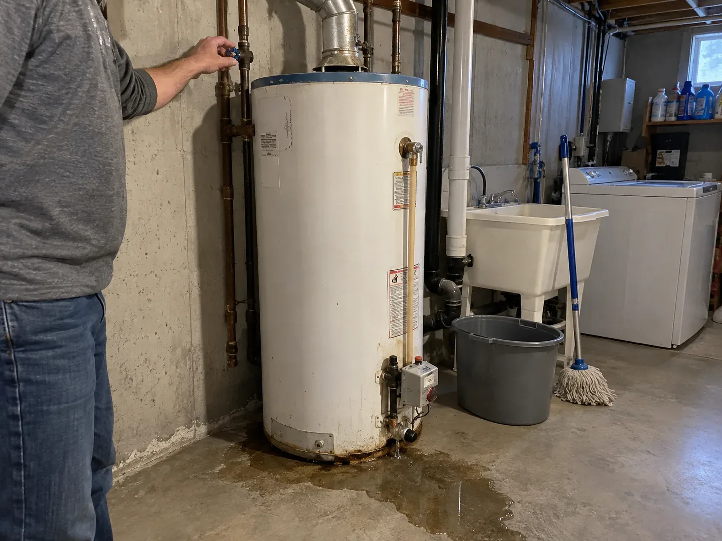 Leaking water heater in a Burlington basement
