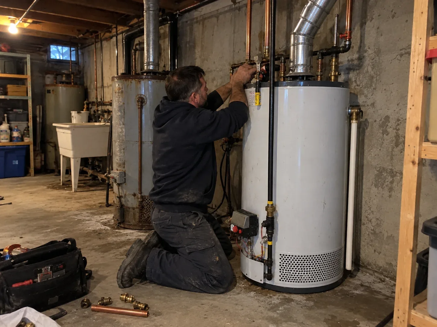 Plumber doing water heater repair in a Burlington basement