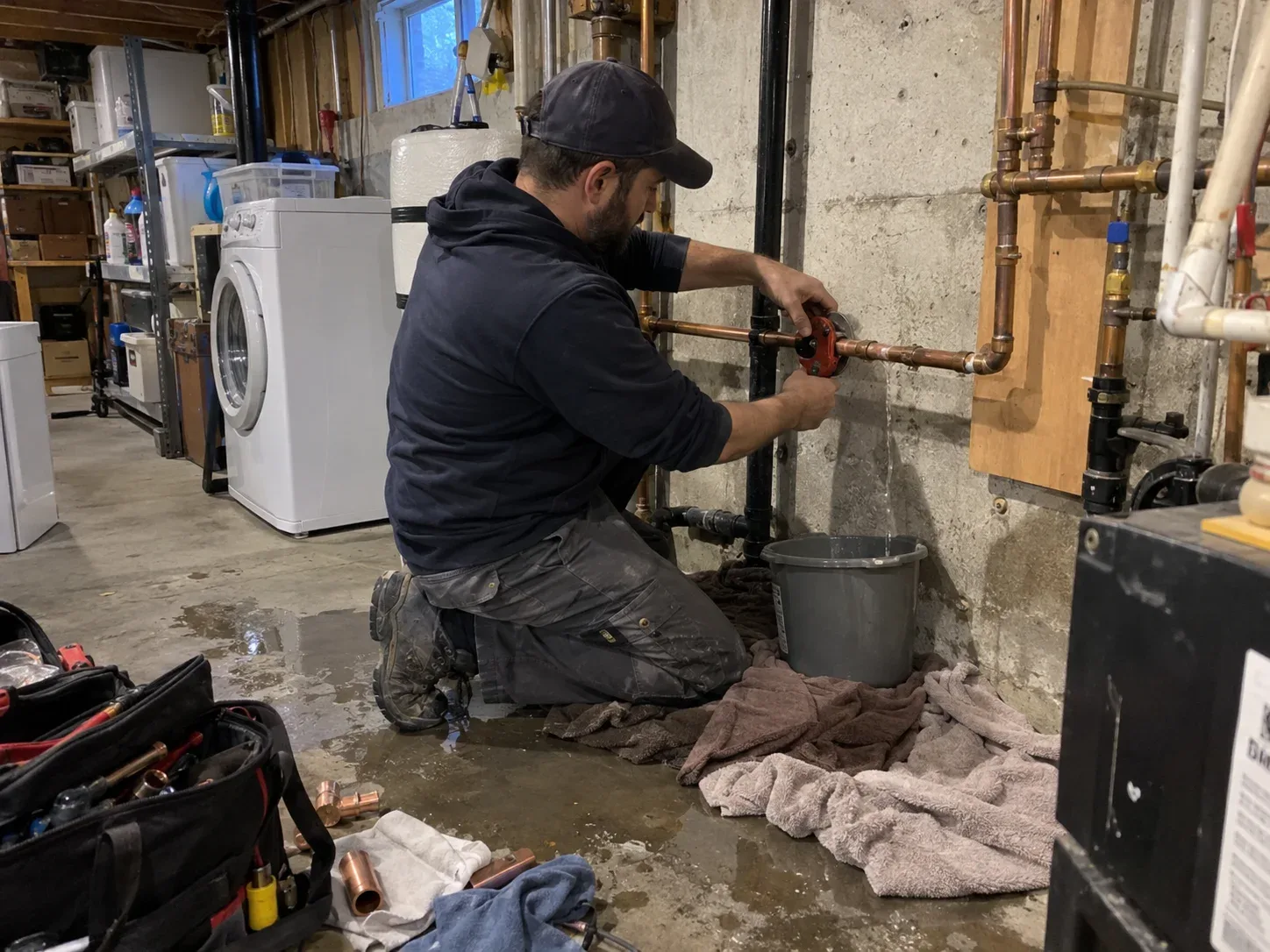 Emergency plumber repairing copper pipes in Burlington