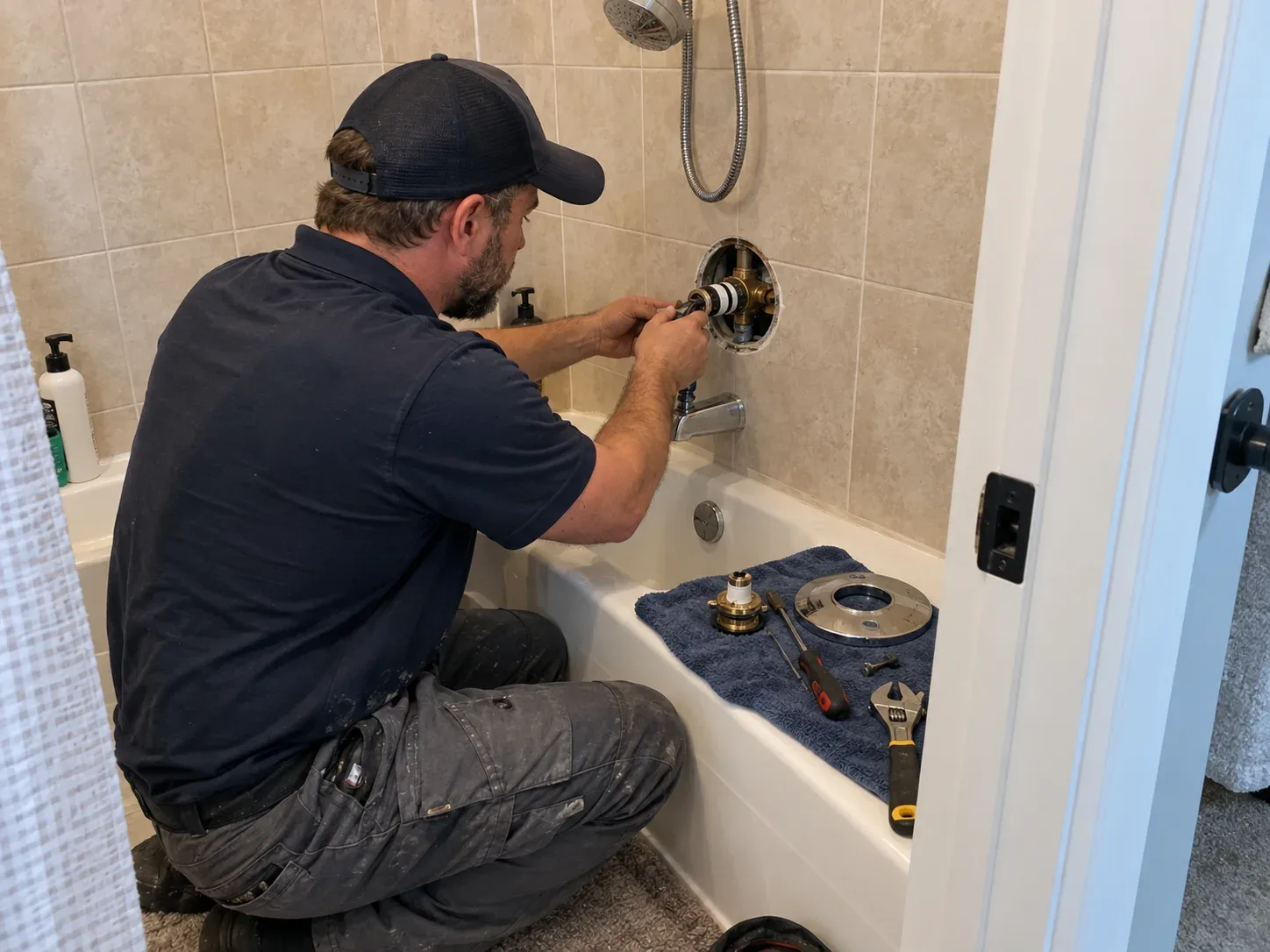 Shower valve repair in a Burlington bathroom
