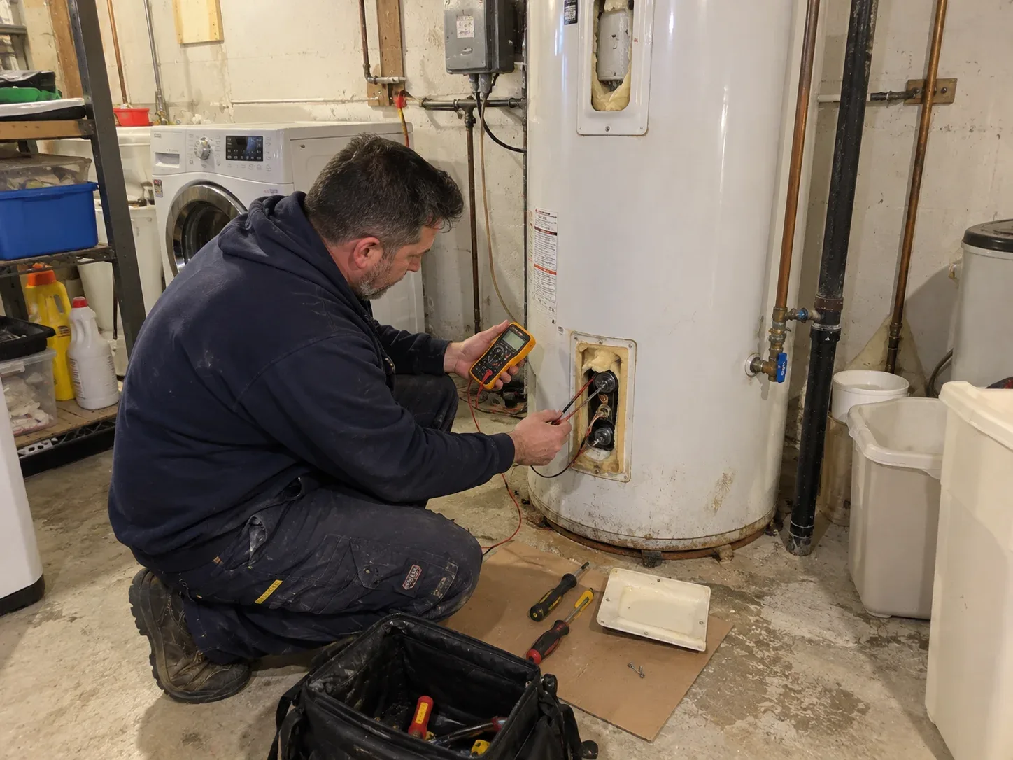 Water heater repair in a Burlington basement